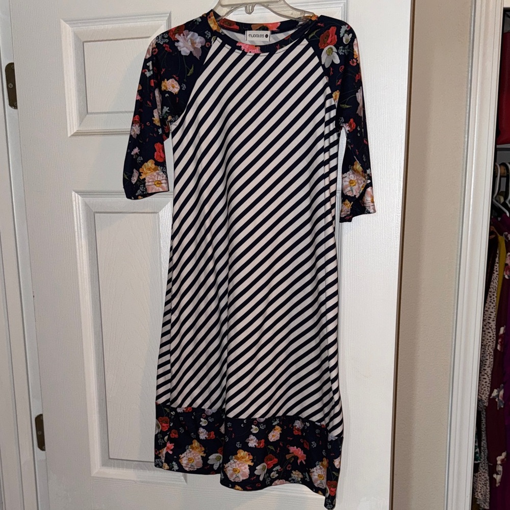 Nuggles Navy Floral & White Stripe Girls' Casual Dress